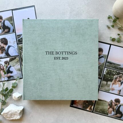 Custom handmade photo album with sleeves – fits 4x6 inch photos, elegant cover design.