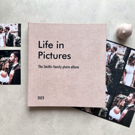 Custom handmade photo album with sleeves – fits 4x6 inch photos, elegant cover design.