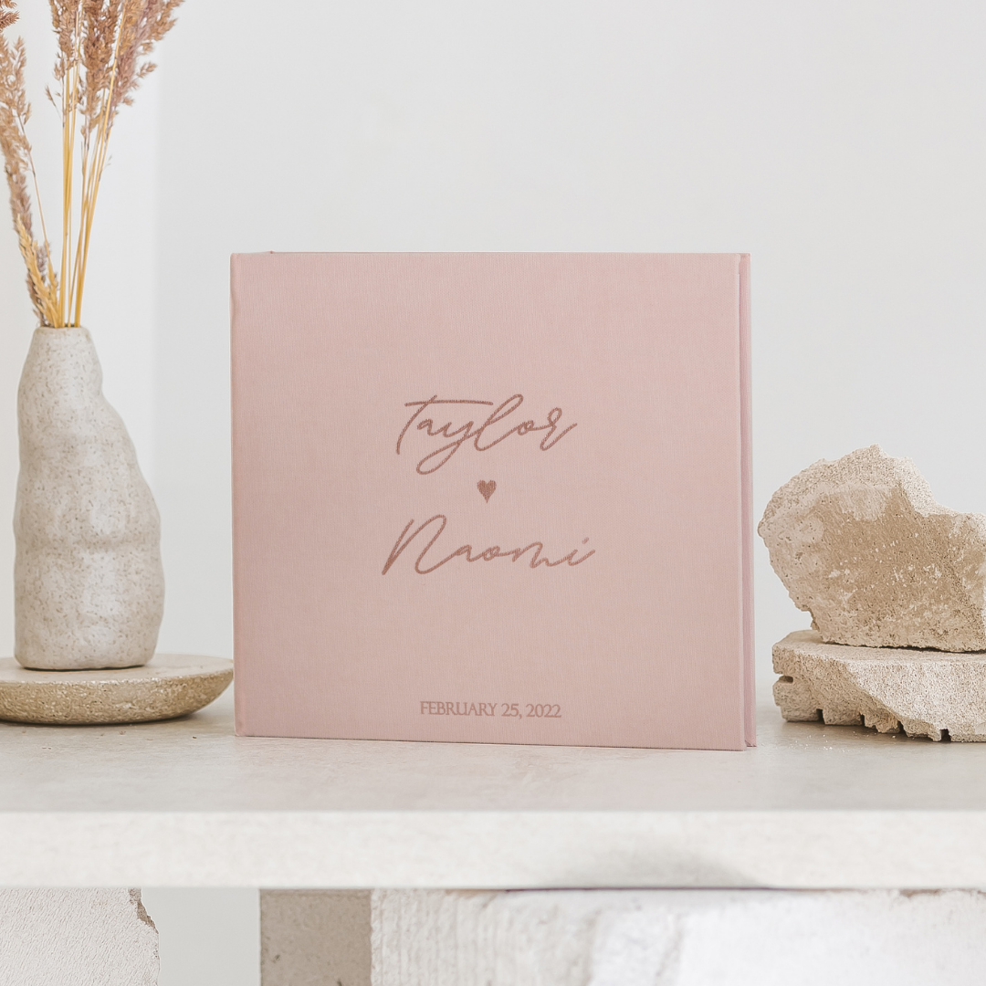 TAYLOR Baby Pink Personalized Wedding Guest Book - TAYLOR with foil rose gold letering.