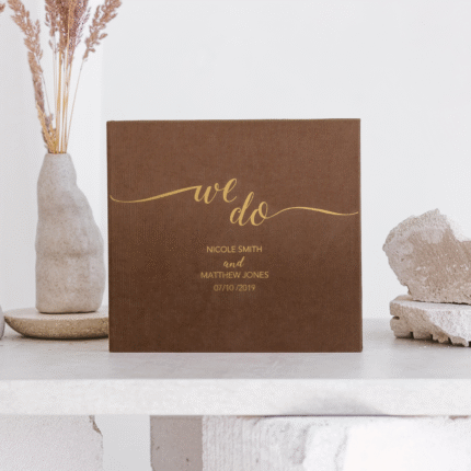 Brown personalized wedding guest book WE DO.