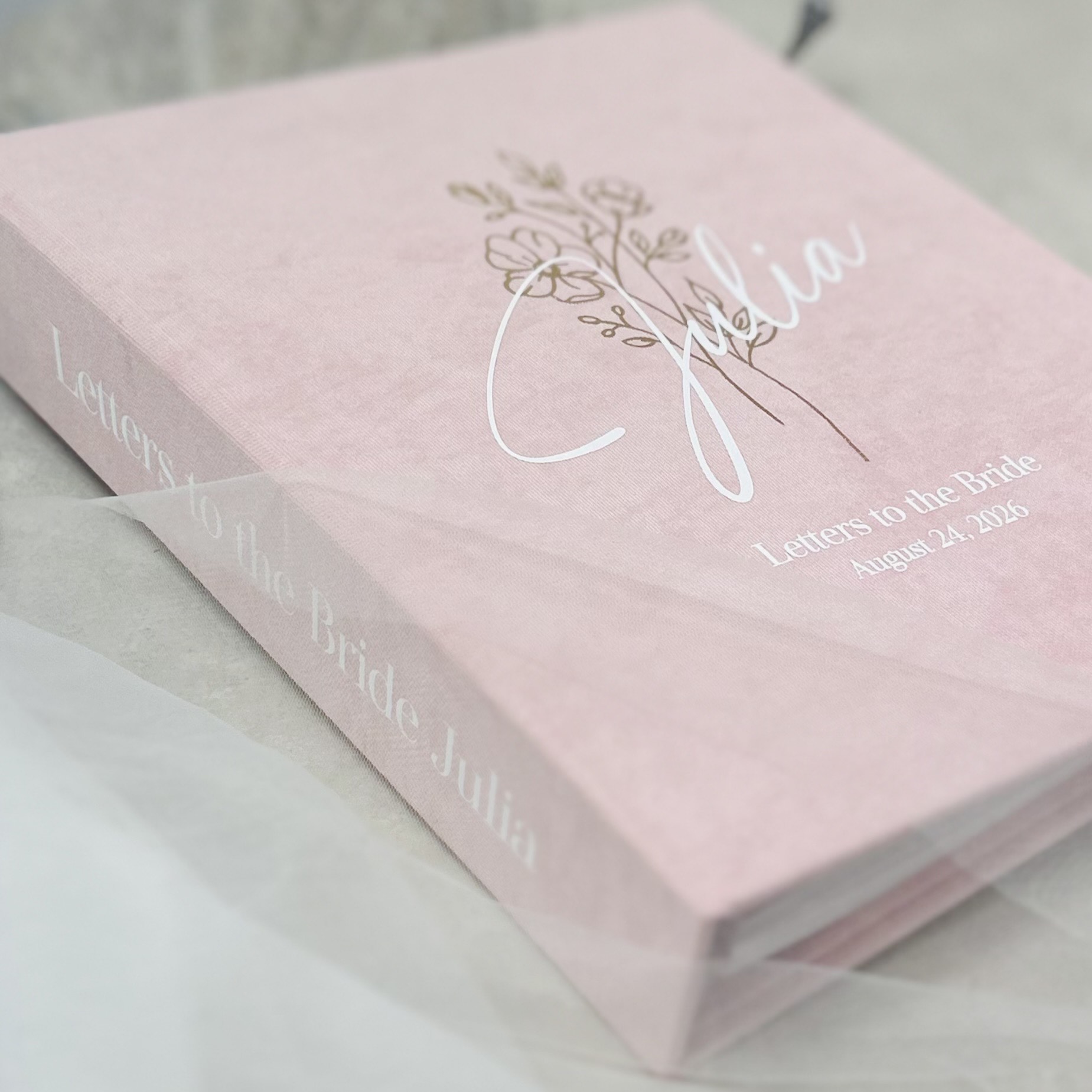 IMG_1423 Baby pink scrapbook binder with elegant foil gold and white lettering, personalized Letters to the Bride book with envelopes.