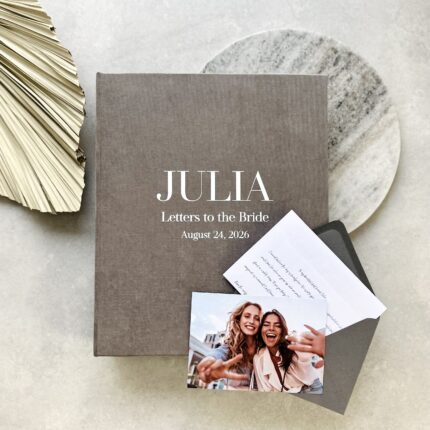 Tan Gray scrapbook binder with elegant white lettering, personalized Letters to the Bride book with envelopes.