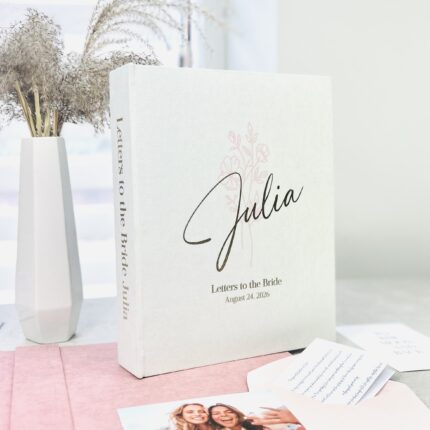 Ivory scrapbook binder with elegant foil gold lettering, personalized Letters to the Bride book with envelopes.