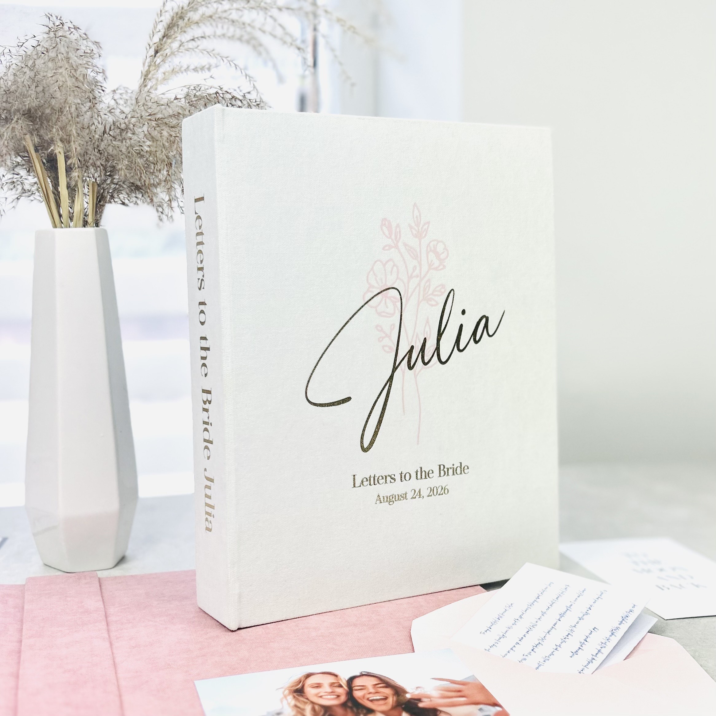 IMG_1970 Ivory scrapbook binder with elegant foil gold lettering, personalized Letters to the Bride book with envelopes.